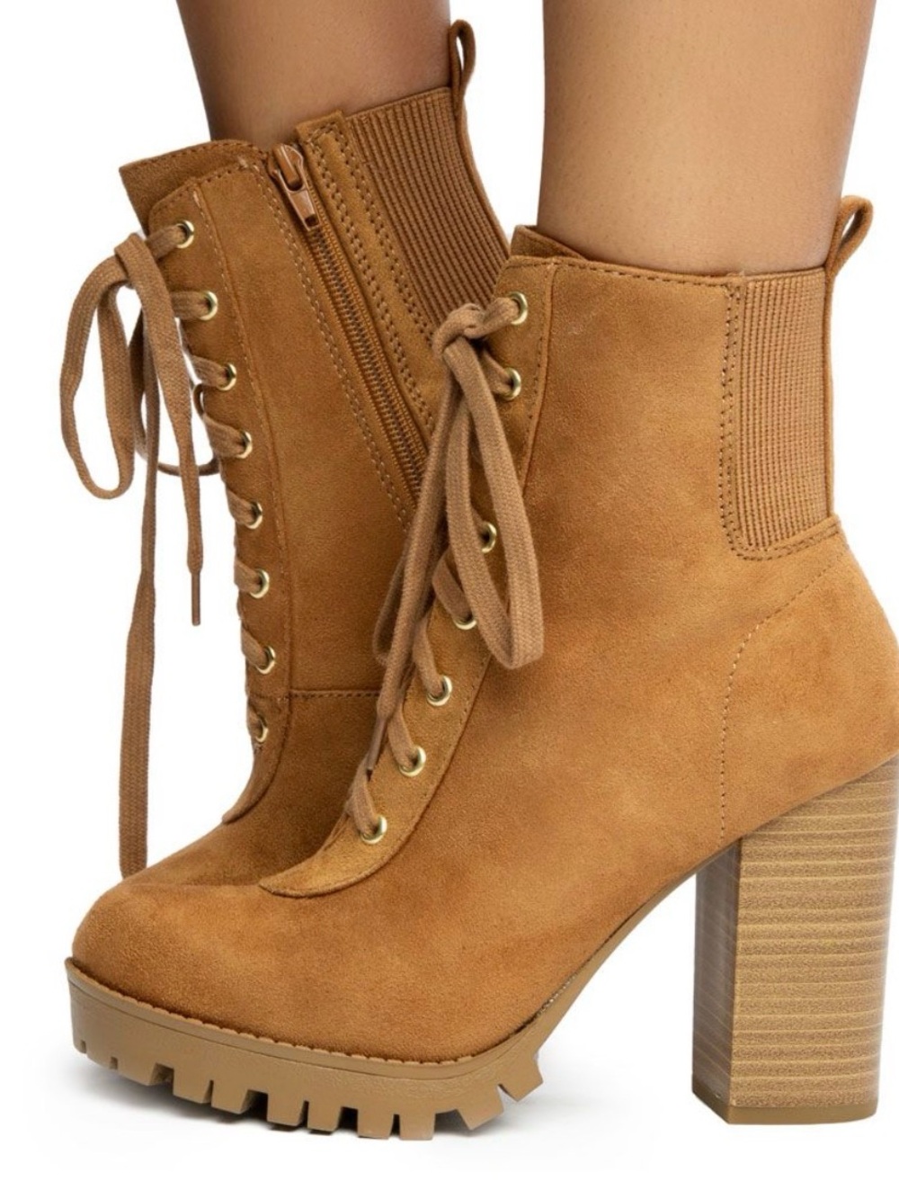 Soda Chestnut Lace-Up Block Heel Ankle Boots